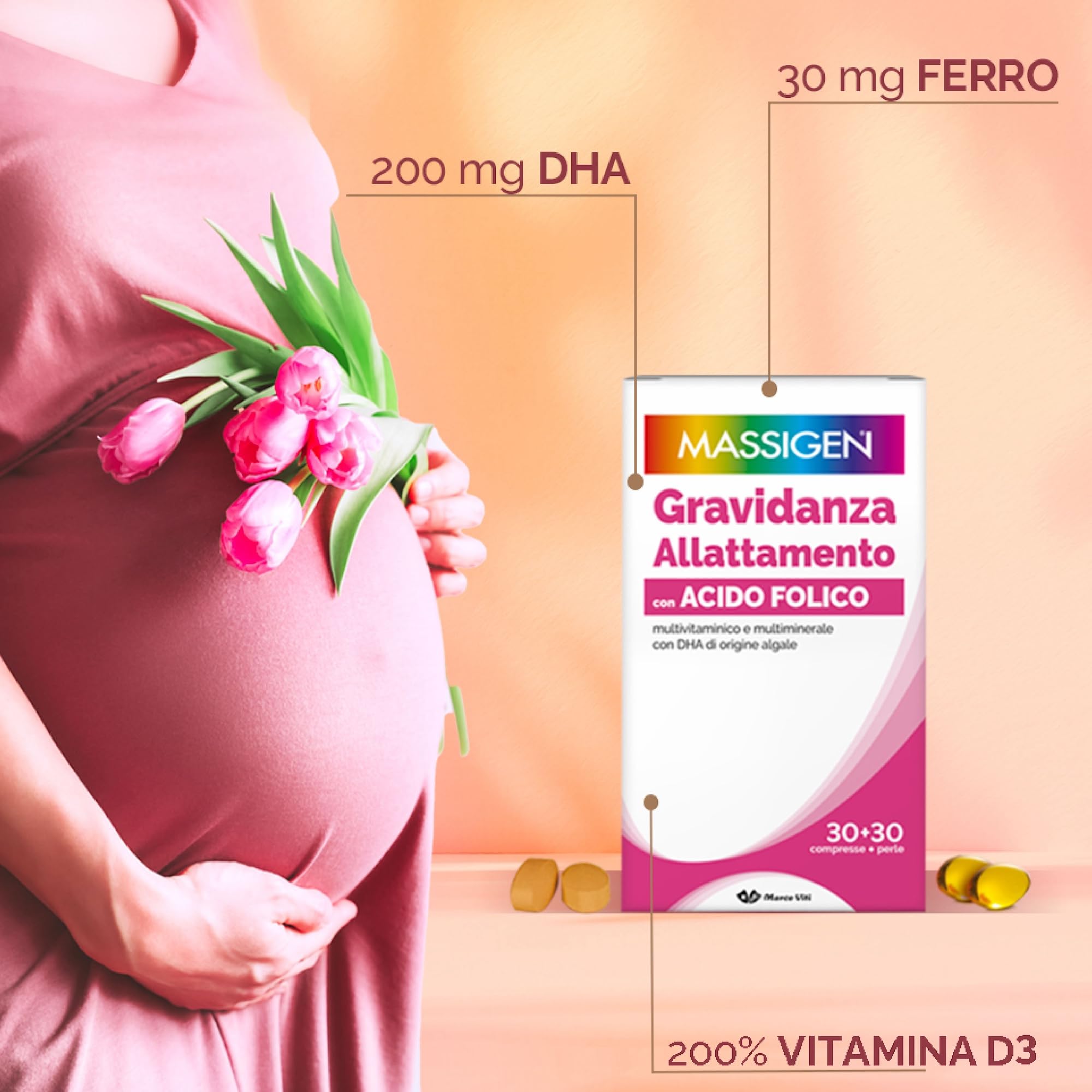 Massigen DailyVit+ - Multivitaminico, Gravidanza e Allattamento, Senza Glutine, In grado di Favorire lo Sviluppo fisiologico Cerebrale e degli Occhi del Feto, 30 Compresse da 11 g + 30 Perle da 700 mg