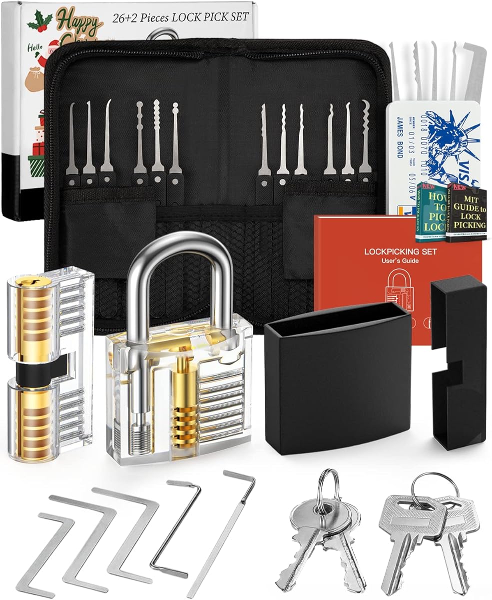 FAHEFANA Lockpicking Set, [2026 Neue Herausforderung & Geschenk für Anfänger] 26 Stück Dietrich Set mit übungsschloss im Kreditkartenformat & Anleitung für Anfänger und Profis Black