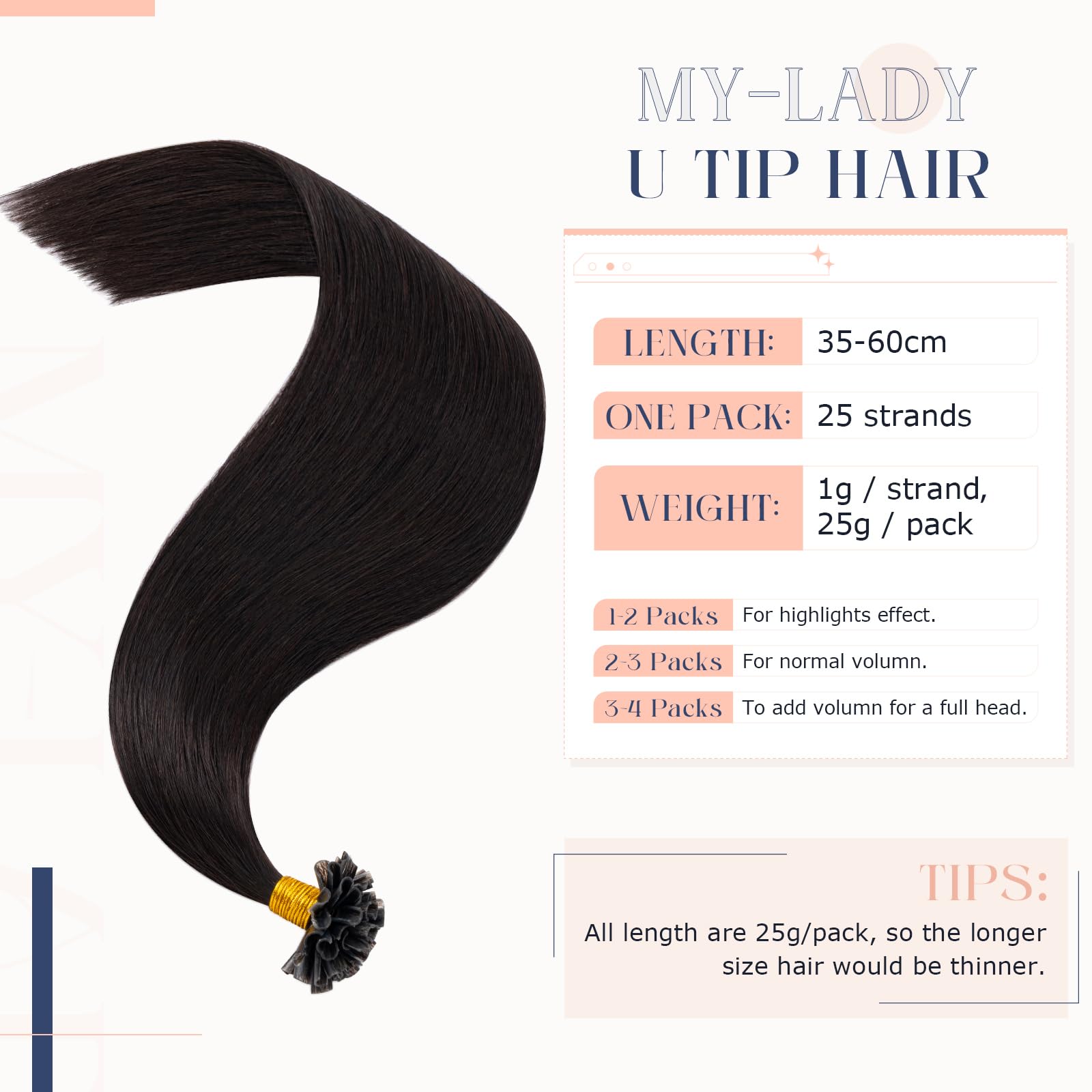 MY-LADY U Tip Hair Extensions Real Human #1B Natural Black Keratin Hair Extensions Invisible Straight K Tips Extensions for Women Natural Look 14 Inch 25g - Image 2