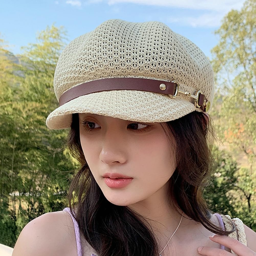 Newsboy Cap Beret Breathable Mesh Sun Hat Beach Octagonal Front Hat for Women Beige