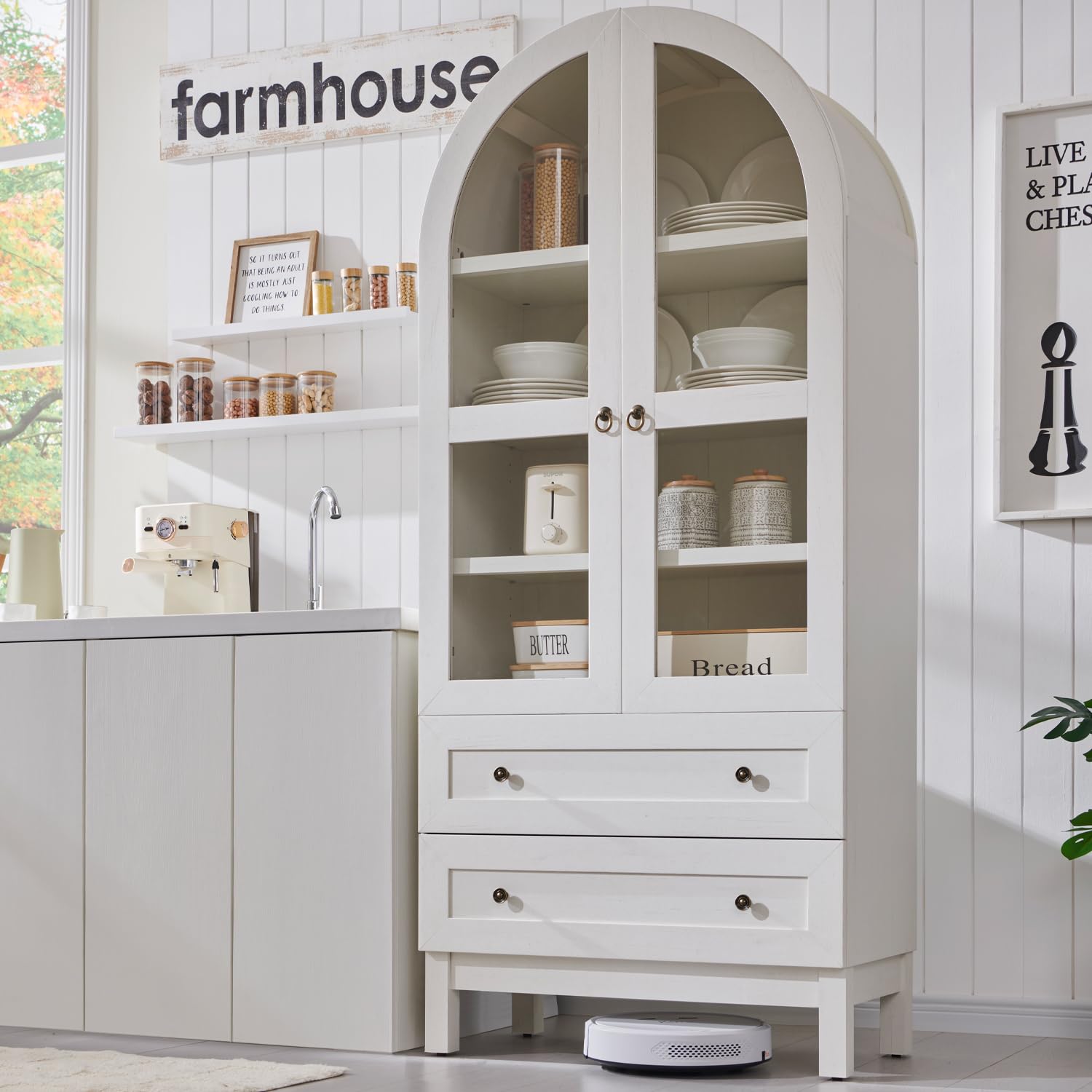 IFGET Armoire de rangement polyvalente en bois avec 2 grands tiroirs et étagères réglables, style rustique moderne pour cuisine, salle à manger, salle de bain, 180,3 cm de haut, blanc