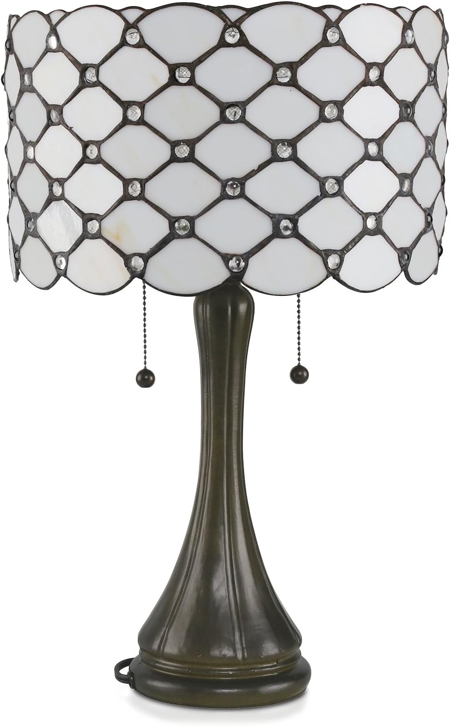 Serena D'italia Tiffany Style Table Lamp Contemporary, Diamond Pattern Stained Glass Lamp with Jewels, Standing Lamp with Double Pull Chain (White)
