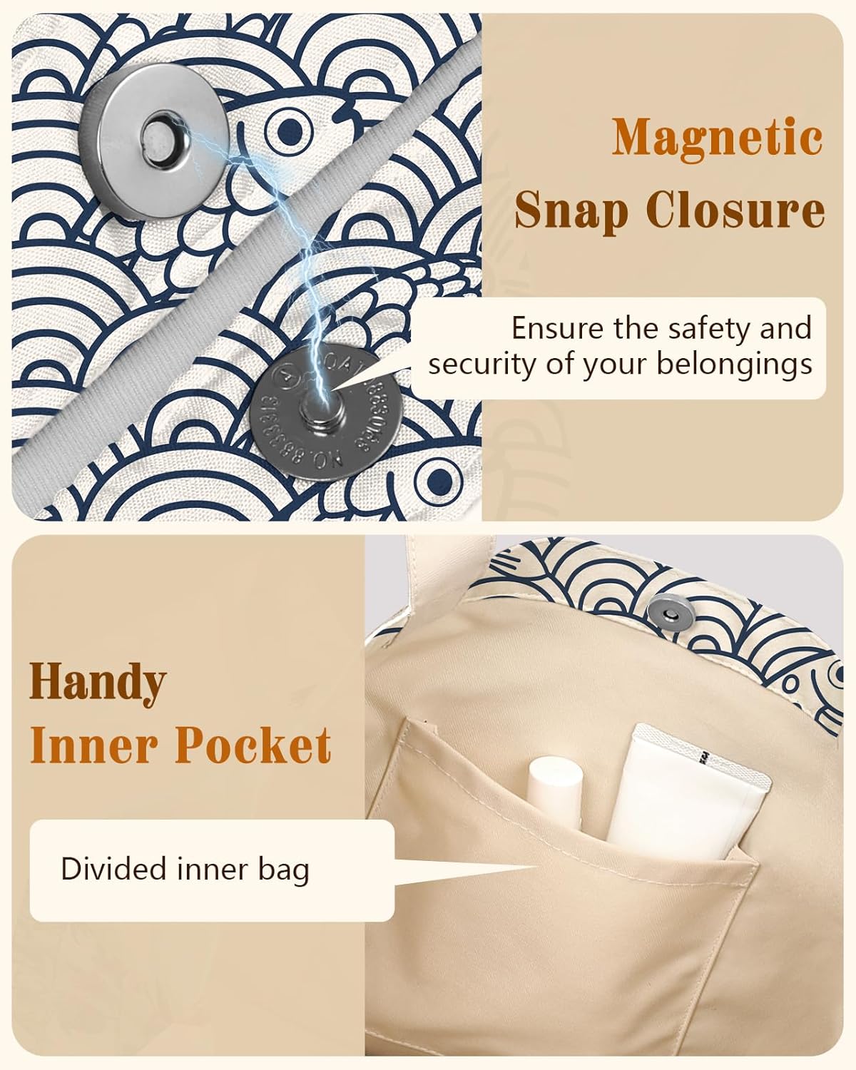 Cloth Tote Bag for Women - Reusable Tote with Pocket & Buckle Cute Retro Design Ladies Cotton Printed Shoulder Bag - Image 4