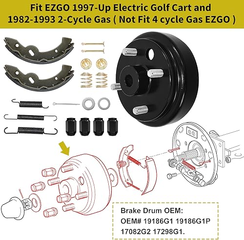 Miniatura 2 de EZGO Kit de mantenimiento de tambor de freno para 1997-2008 EZGO TXT eléctrico con carrito de golf, tambores de cubo de freno y zapatas de freno y