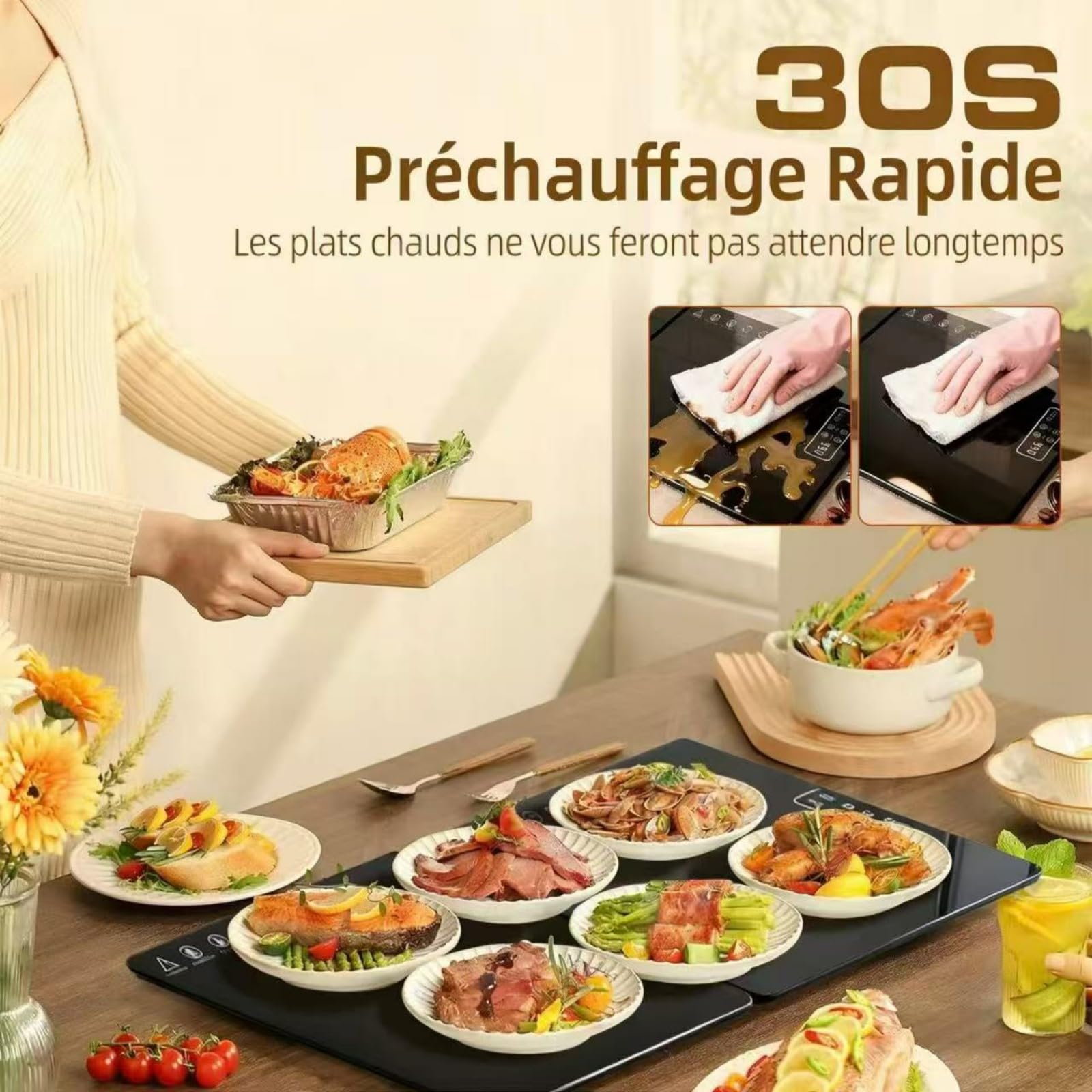 Plaque Chauffante Pliable 80*30 CM, Chauffe Plat Électrique à Température Réglable, Plateau Chauffant Électrique pour Buffets, Banquets et Repas de Famille, Maintien au Chaud et Décongélation