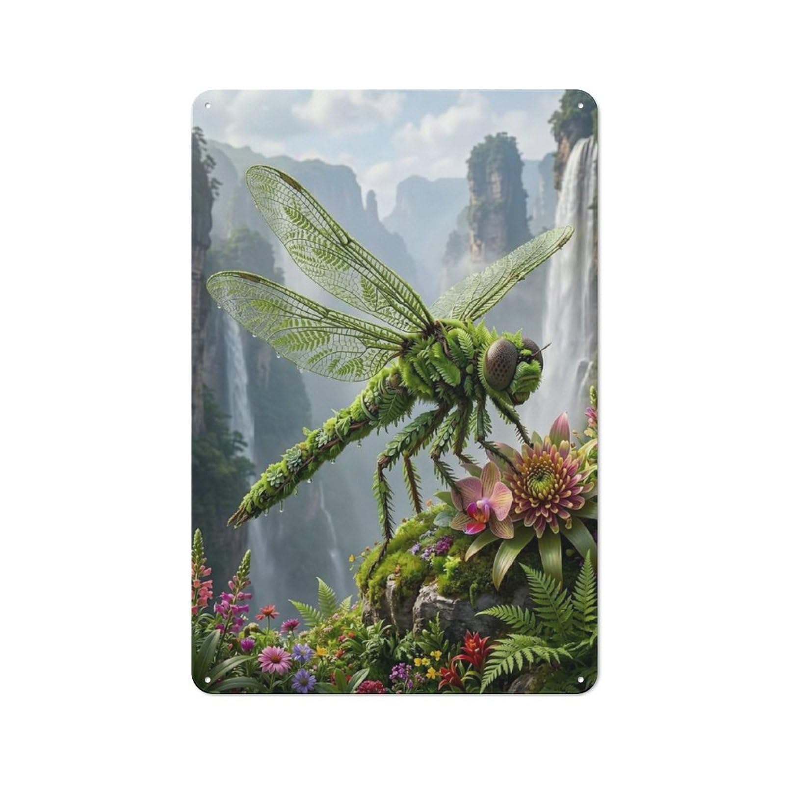 Tin Wall Plaque 30x20cm with Dragonfly in Lush Nature for Guest Room Or Hallway, for Hallway Wall Decor Fans