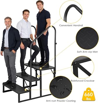 3 Step Caravan Steps with Handrail, Heavy Duty Outdoor Step Ladder, Carbon Steel Anti Slip Caravan Step Ladder for Camper Motorhome Porch Hot Tub Garden Steps, 660lbs Load Capacity (Black)