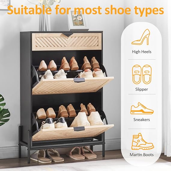 Shoe Cabinet with 2 Flip Drawers, Narrow Entryway Rack, Oak&Black