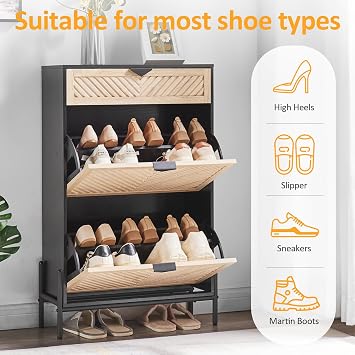 Shoe Cabinet with 2 Flip Drawers, Narrow Entryway Rack, Oak&Black
