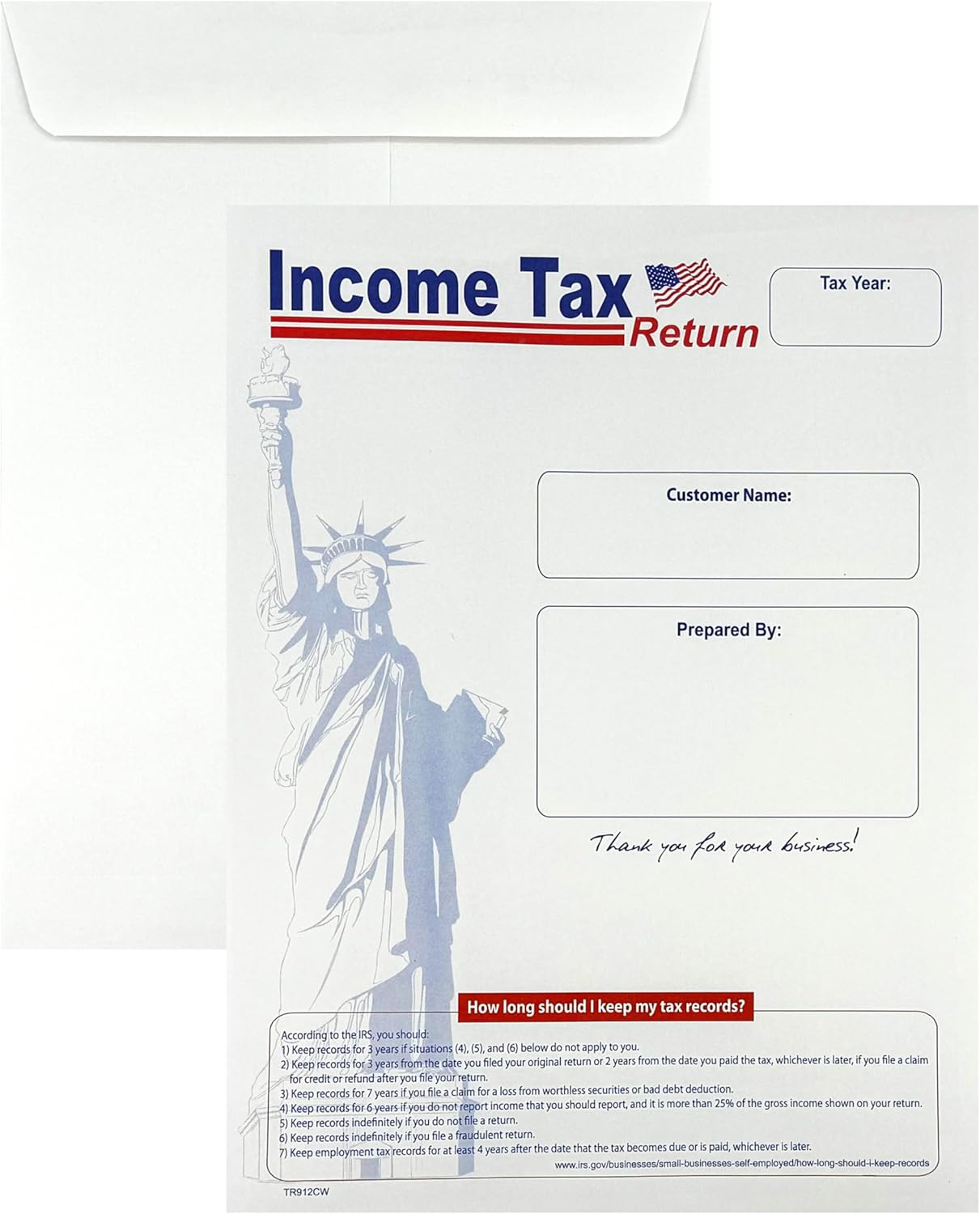 100 Cashier Depot Income Tax Return Envelopes – 9" x 12" Catalog (Open End), Lady Liberty Style, Heavy 28lb White Paper, Gum Flap, Printable & Customizable, 100 Count