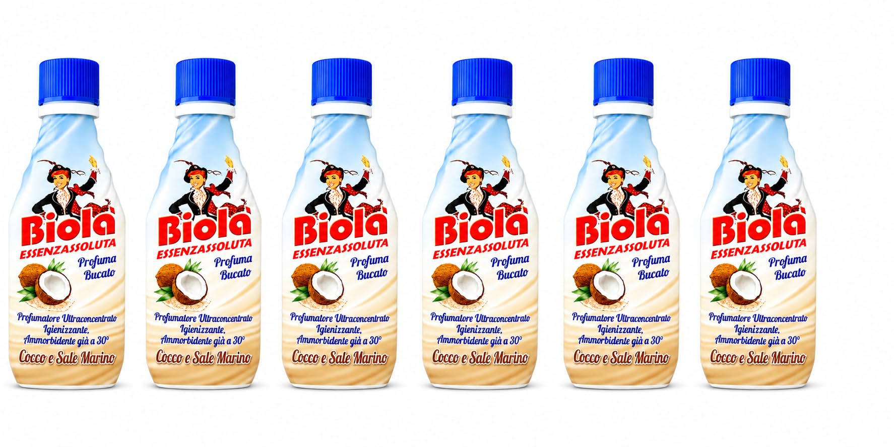 Biolà EssenzAssoluta Cocco e Sale Marino – Profumatore Ultraconcentrato per Bucato, Igienizzante e Ammorbidente già a 30° - 6 Unita da 250ml