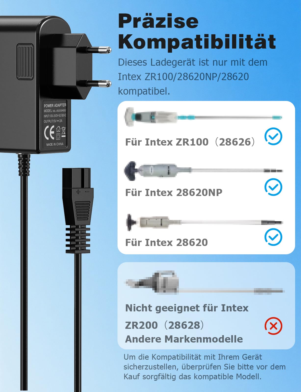 Mellbree Caricabatterie per aspirapolvere Intex ZR100 28626 28620NP 28620 CL1740, cavo di alimentazione di ricambio lungo 2 m per aspirapolvere da piscina, ricarica sicura ed efficiente per una