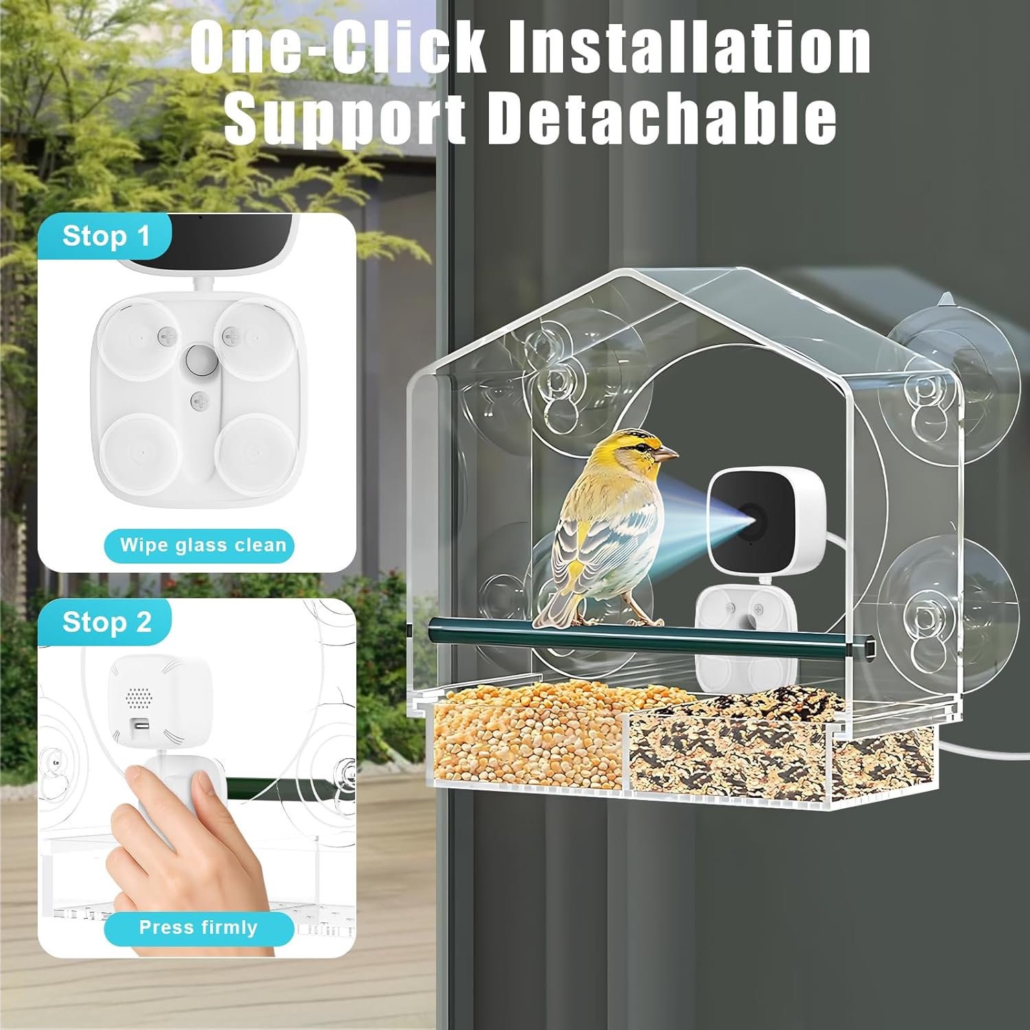 Window Bird Feeder with Camera, Smart Clear Birdfeeder for Outside, 2K HD Live View & AI Bird 10000+, Window Bird House Feeder with 6 Suction Cups - Image 4