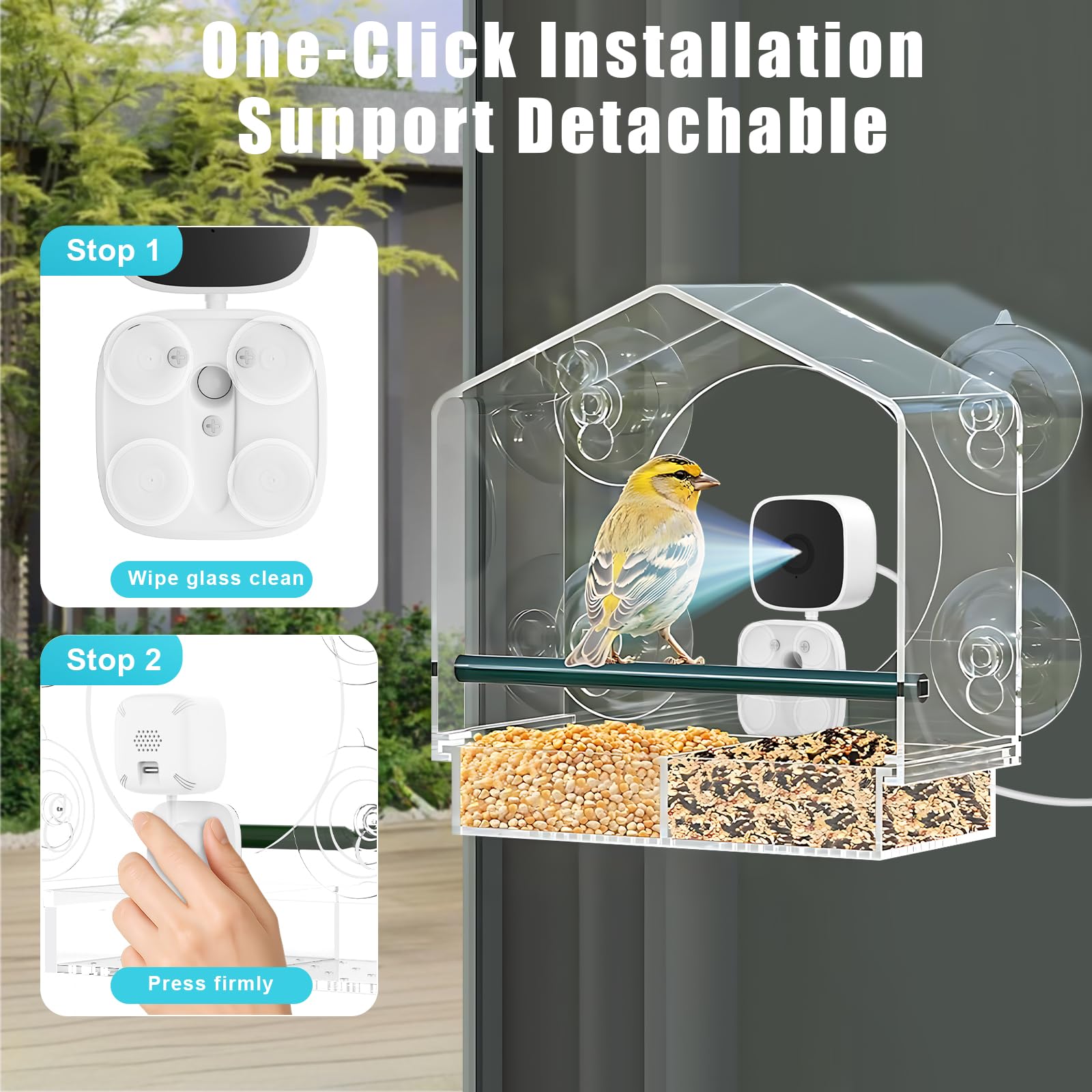 Comedero para pájaros de ventana con cámara, comedero inteligente transparente para exteriores, 2K HD Live View y AI Bird 10000+, comedero de ventana para pájaros con 6 ventosas