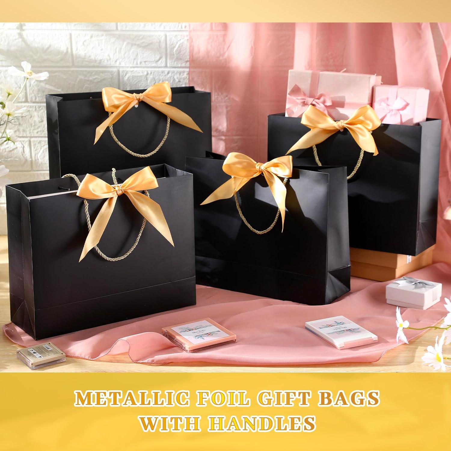 Kolldenn 50 Pcs Gift Bags with Handle 12.6 x 10 x 4.3 Inch Black Gold Thank You Bag with Bow Ribbon for Christmas Wedding Birthday Bridal Shower Bridesmaid Graduation Party Favor - Image 5