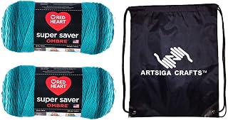 Red Heart Knitting Yarn Super Saver Ombre Deep Teal 2-Skein Factory Pack (Same Dyelot) E305-3985 Bundle with 1 Artsiga Crafts Project Bag