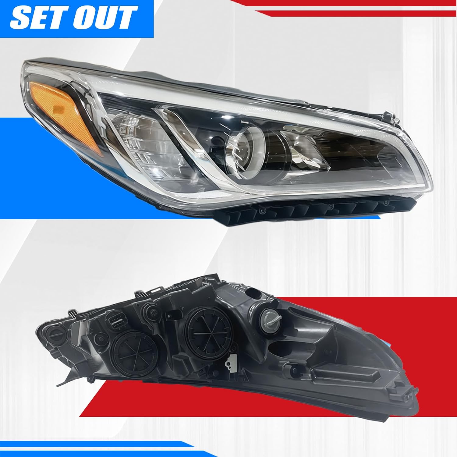Pair Headlight Assembly Compatible with 2015 2016 2017 Hyundai Sonata with Bulbs Halogen Headlight Headlamp (Left and Right Side)