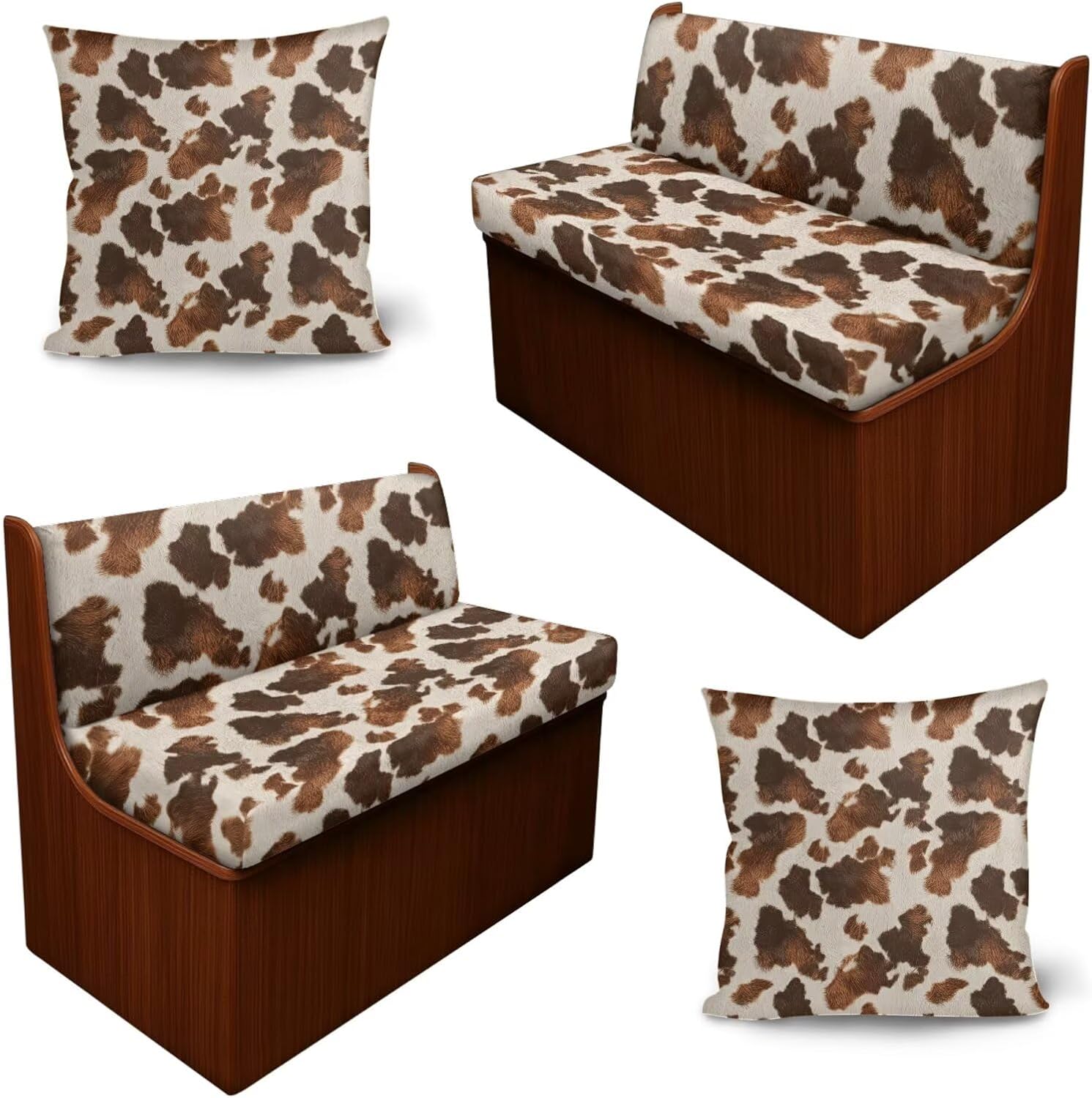 Brown Cow Print Print 6 Pcs RV Dinette Cushion Slipcover Set – Stretch Washable Replacement for Camper Motorhome Car Bench, 2 Pillowcases, 2 Backrest and 2 Bench Covers
