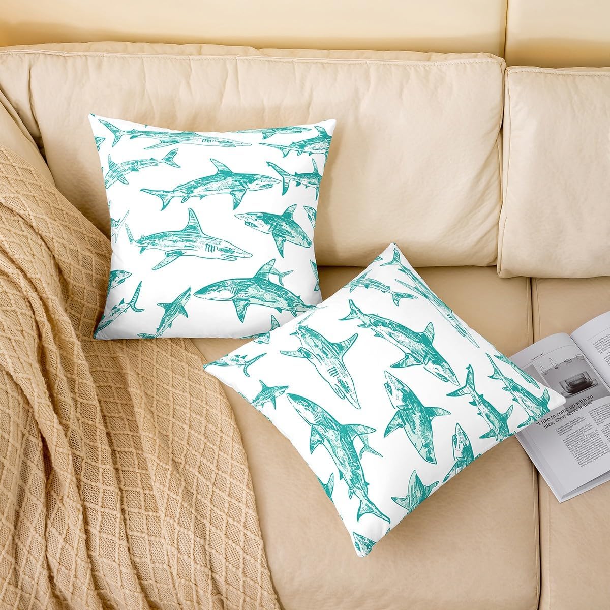 Erosebridal Set of 2 Shark Throw Pillow Covers 24x24 Ocean Life Pillow Covers for Kids Boys Girls Teal Watercolor Hand Drawn Cartoon Sharks Cushion Covers Underwater Sea Animal Fish Cushion Cases
