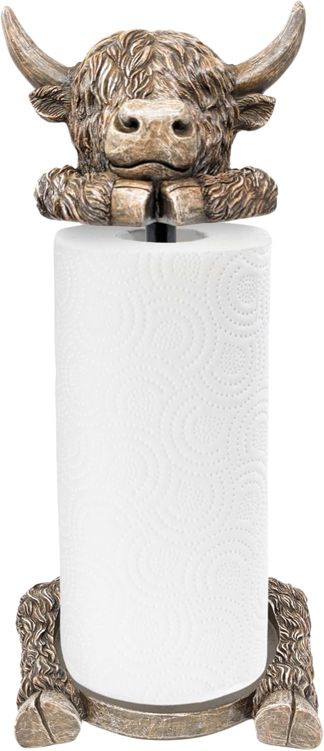 Rustic Highland Cow Paper Towel Holder - Unique Resin & Metal Farmhouse | Country Style Decor for Kitchen & Dining, Adorable Highland Cow Design, Ideal Gift Idea, Fits Standard Rolls