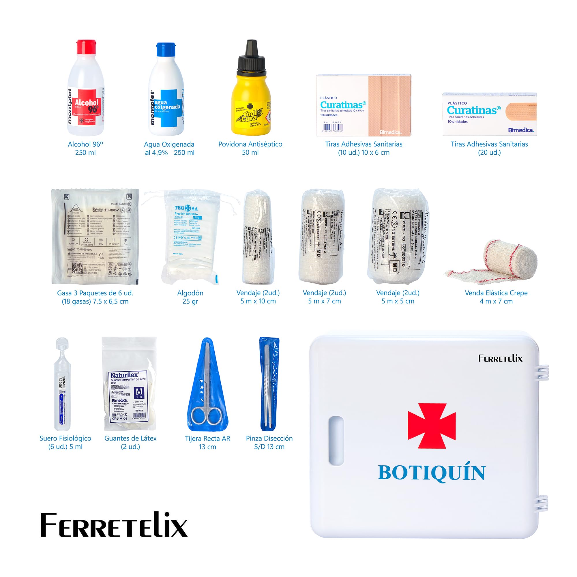 FERRETELIX® Botiquín de Primeros Auxilios Completo con Armario de Pared - Homologado – Kit de Emergencia con Material Sanitario – Hogar, Oficina, Empresa y Coche