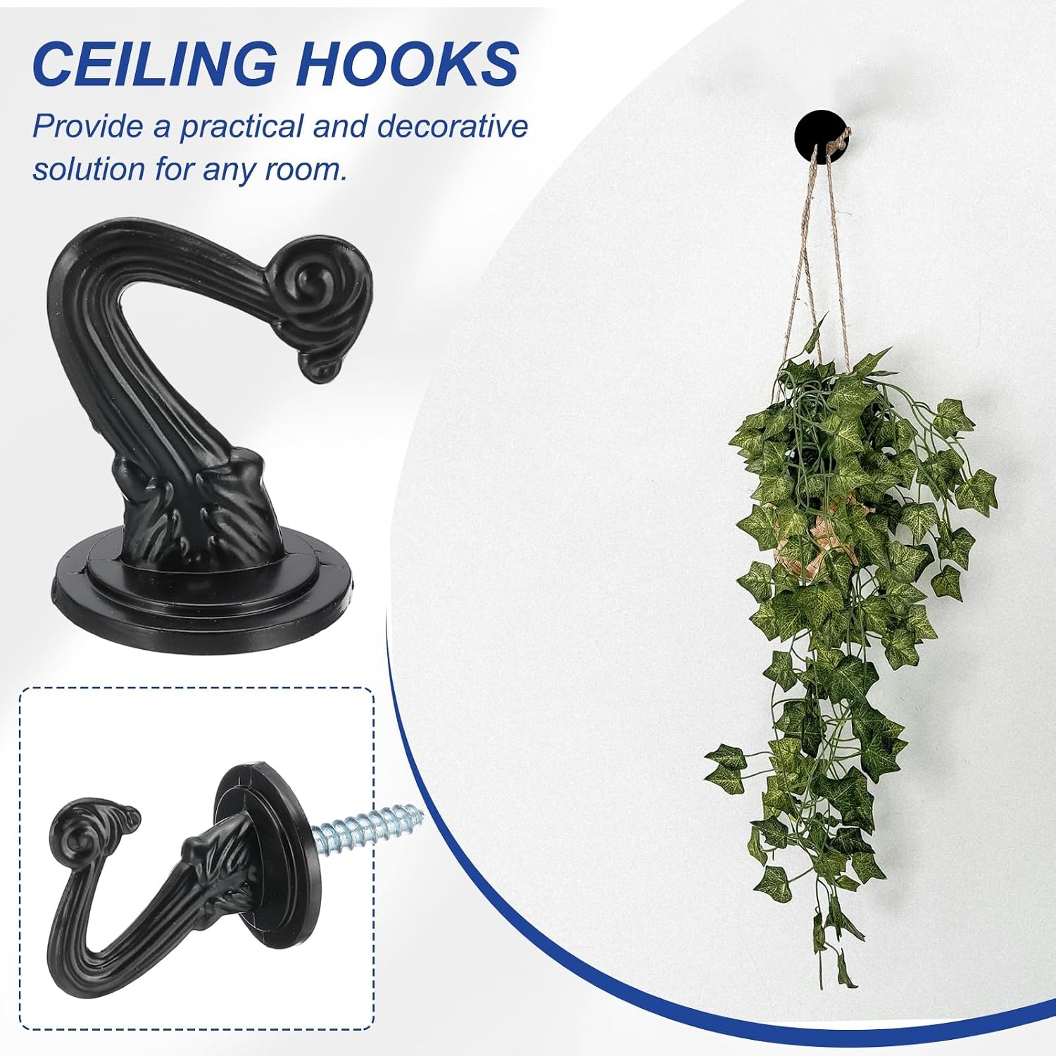 PATIKIL Swag Hooks, 6 Pcs Heavy Duty Ceiling Hooks with Hardware Installation Wall Fixing Ceiling Hangers for Hanging Plants Chandeliers, Black