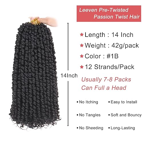 Miniatura 2 de Leeven 8 paquetes de extensiones de cabello de ganchillo Passion Twist de 14 pulgadas, color negro natural, pretrenzado, onda de agua, rizos de