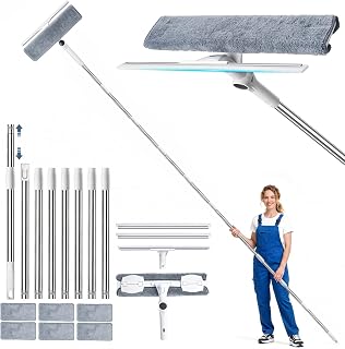 4m Teleskop Fensterputzer Set mit 2 Fensterabzieher für hohe Fenster | 2 in 1 Teleskopstange Fensterreinigung mit 6 Mikrofasertücher, 180° drehbarer Fensterreiniger für Dusche, Glas