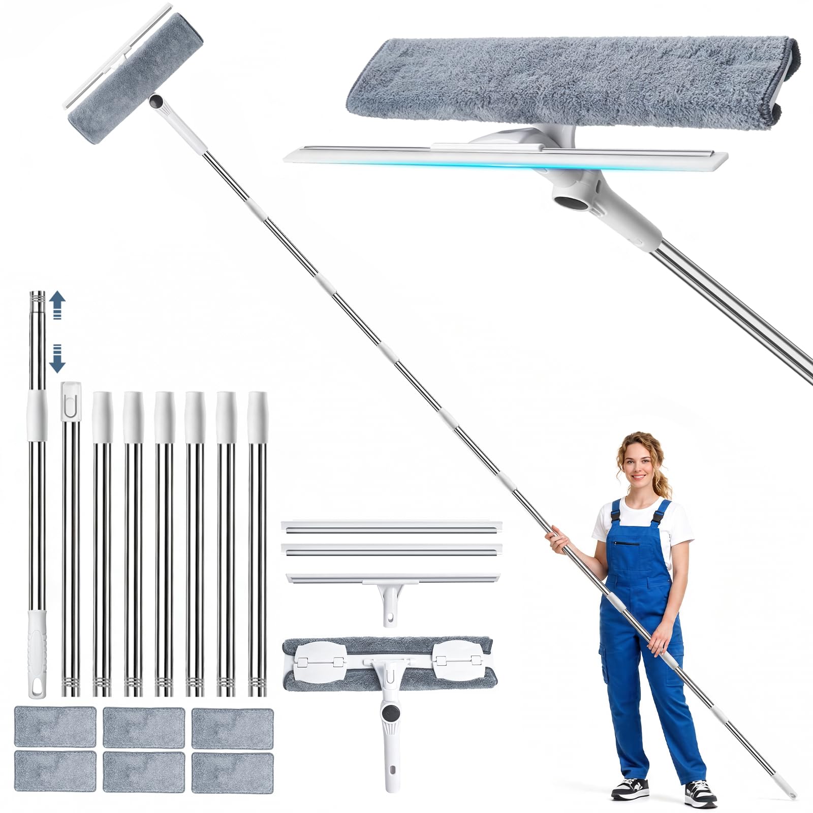 4m Teleskop Fensterputzer Set mit 2 Fensterabzieher für hohe Fenster | 2 in 1 Teleskopstange Fensterreinigung mit 6 Mikrofasertücher, 180° drehbarer Fensterreiniger für Dusche, Glas