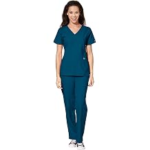 WonderWink W123 Women's Stylized V-neck Top & Flat Front Double Cargo Pant Scrub Set + Badge Reel