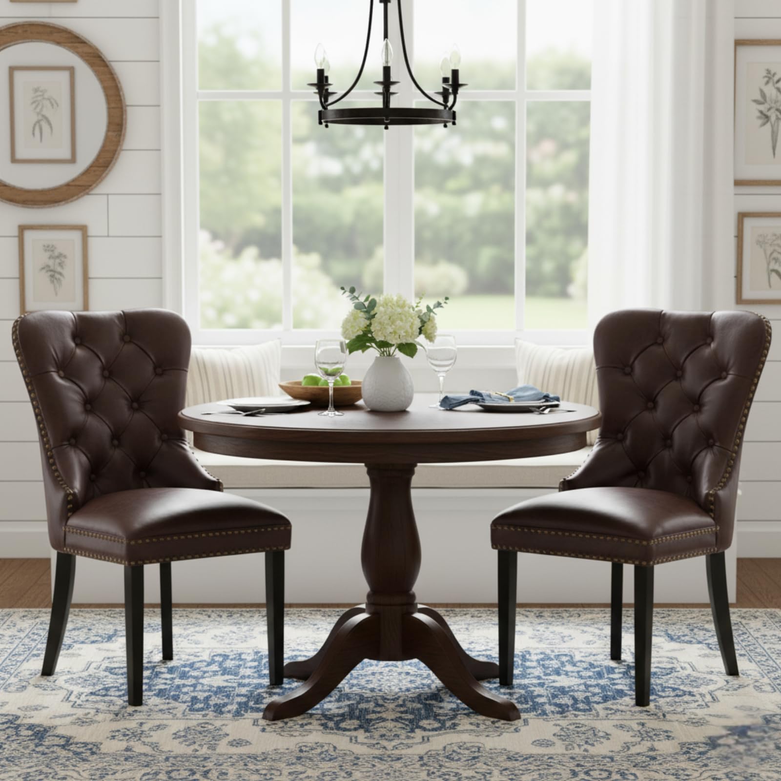 CIMOTA Dark Brown Leather Dining Chairs Set of 2 Mid Century Modern Dining Room Chairs Tufted Upholstered Kitchen Dining Chairs Comfortable Side