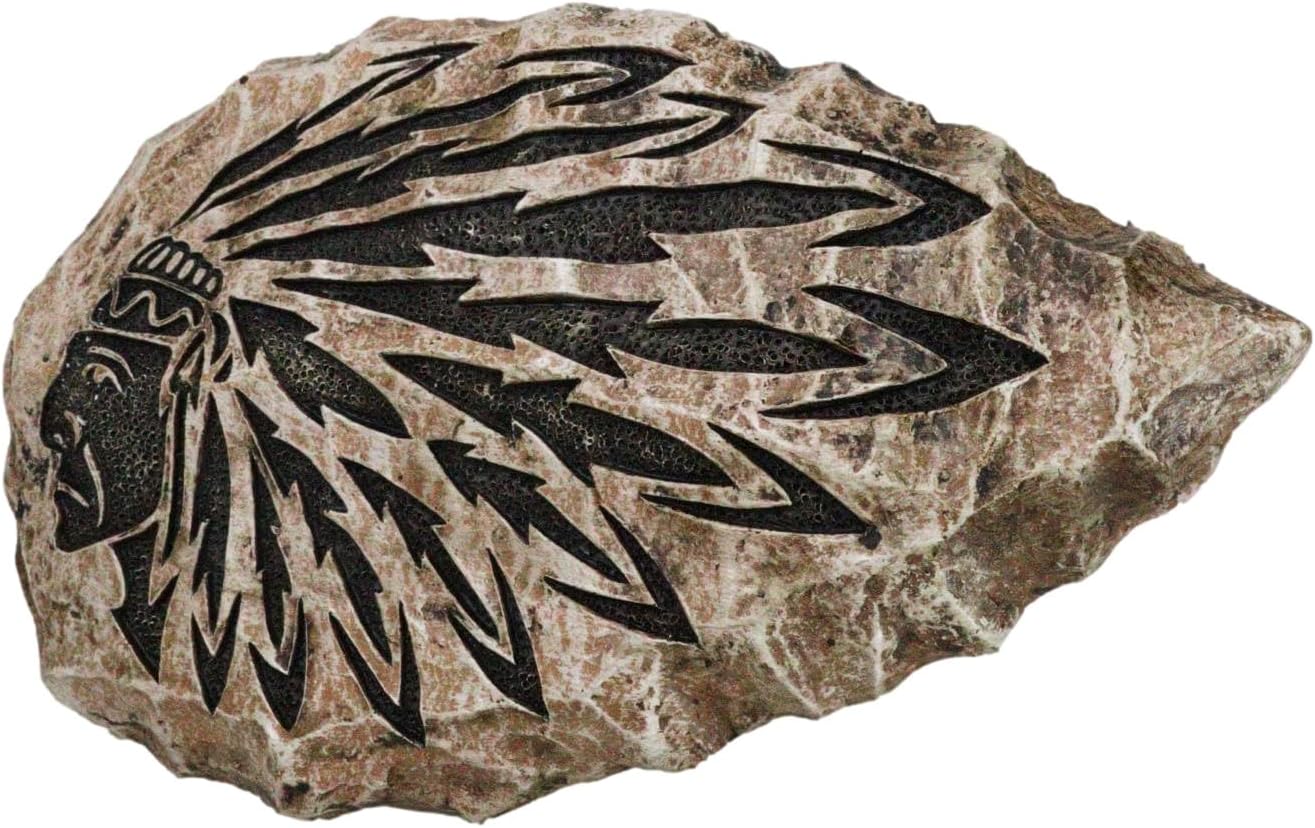 Ebros Gift Southwestern Native Tribal Tooled Tattoo Indian Chief with Headdress Roach On Faux Stone Arrow Shaped Wall Decor Sculpture Plaque Cultural Heritage Arts Accent