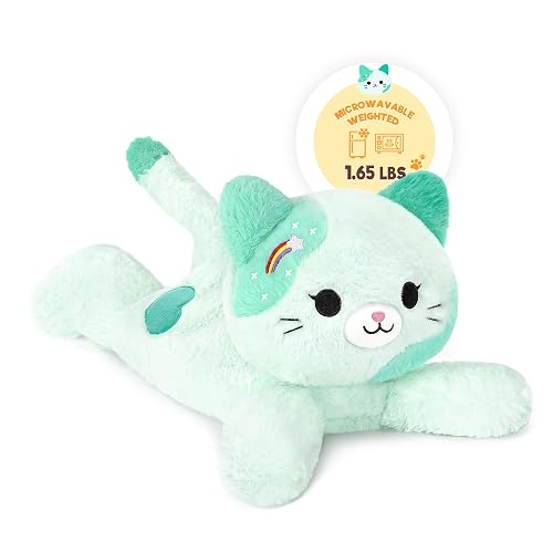 Onsoyours Original Heatable & Weighted Blue Rainbow Cat Stuffed Animals, 15" Microwavable Kitten Plushie for Warmth & Comfort - Cute Plush Toys for Kids and Adults - Rainbow Cat