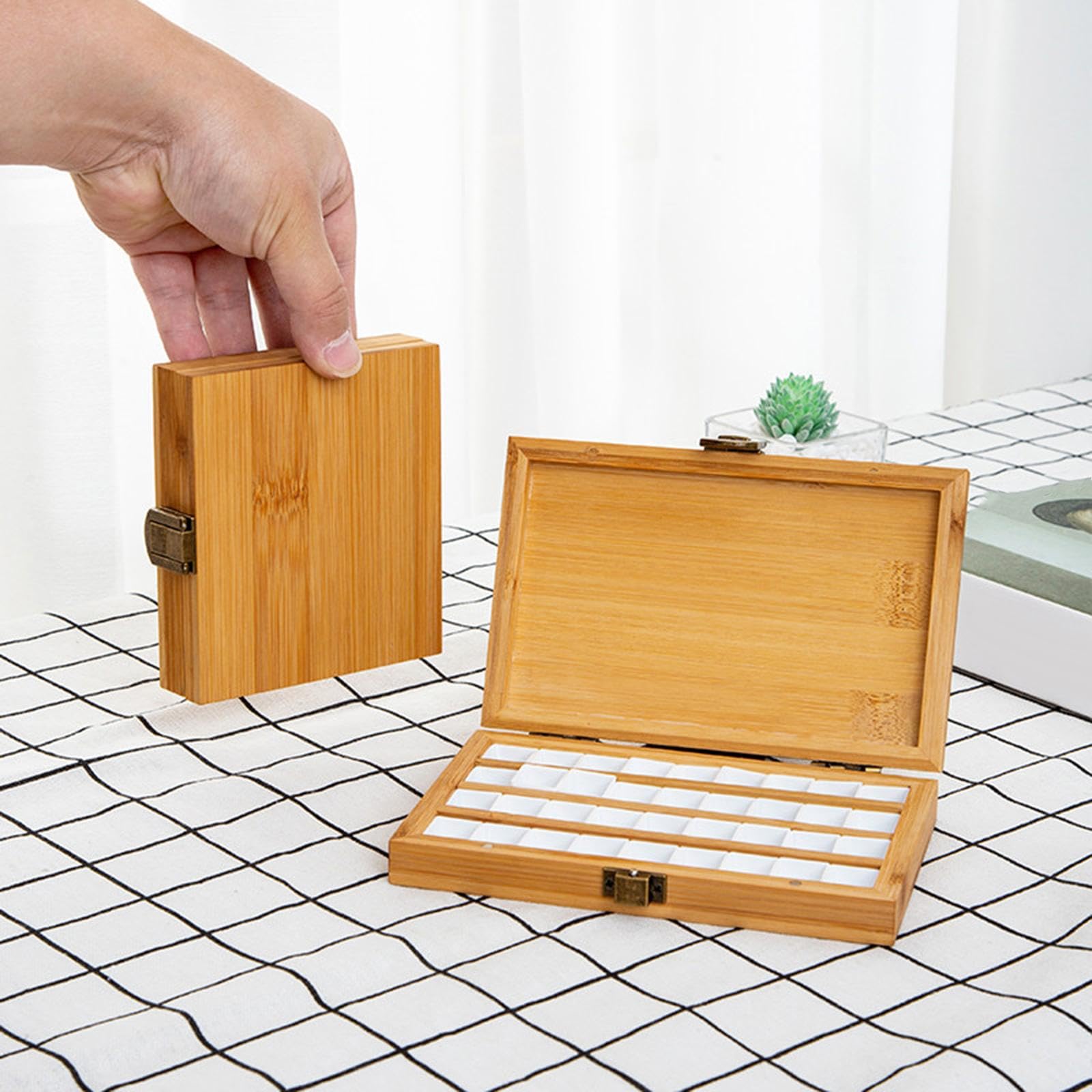 Lot de 3 palettes de peinture vides en bambou avec couvercle pour peintres étudiants studio 36 grilles 11,5 x 10,5 x 2,5 cm