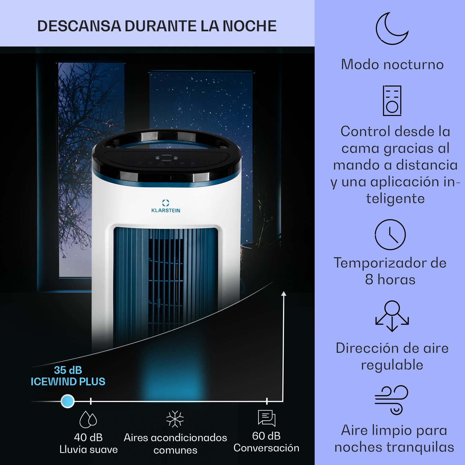 Klarstein IceWind Plus Climatizador Evaporativo – 4 en 1: Ventilador, Enfriador, Humidificador & Purificador, 330 m³/h, Control App & Alexa, Silencioso, Depósito 7L, Azul metalizado/Blanco