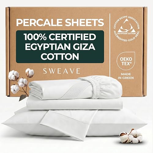 100% Egyptian Cotton Percale Sheets Queen Size - Genuine Luxurious 400 Thread Count - Naturally Crisp, Breathable, Skin-Friendly & Cooling - Softer After Each Wash - Oeko-TEX