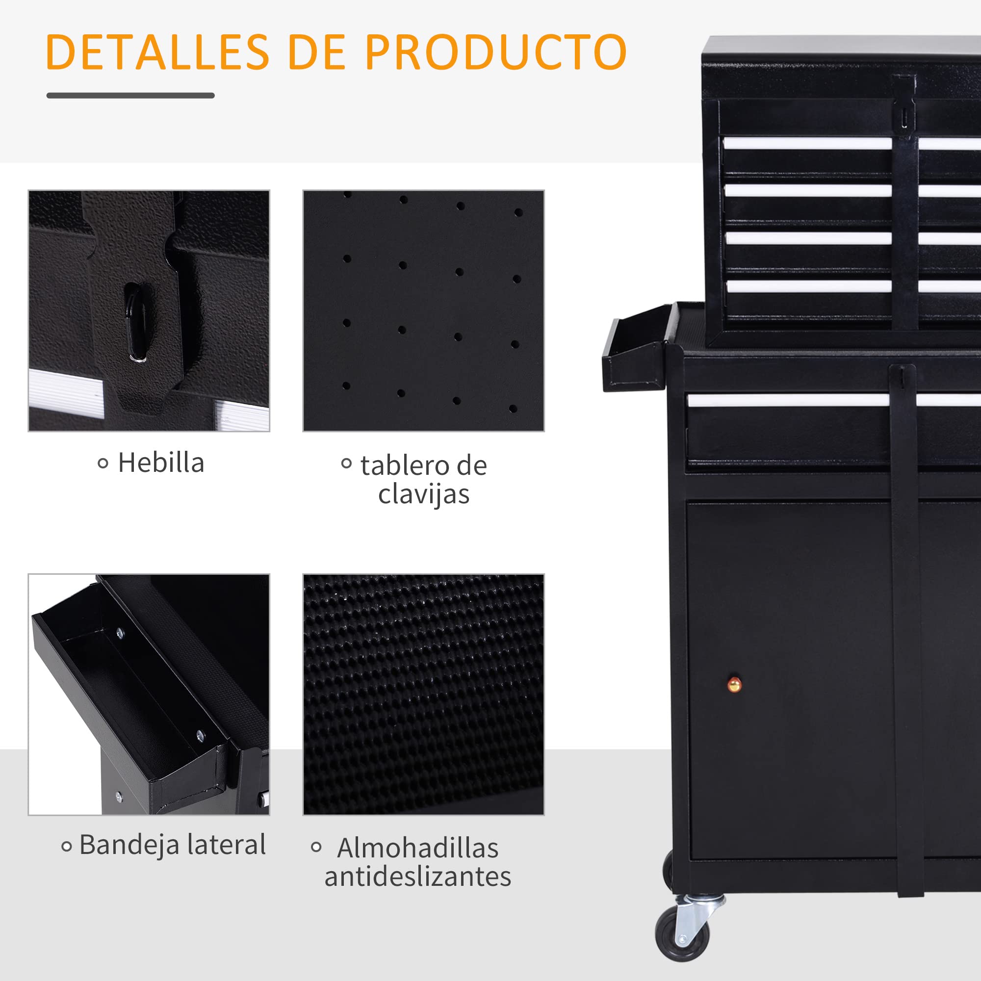 DURHAND Carro de Herramientas con Ruedas Taller Móvil con 5 Cajones Armario de Almacenaje y Alfombra Antideslizante Carga 52 kg para Garaje 60x28x104,5 cm Negro