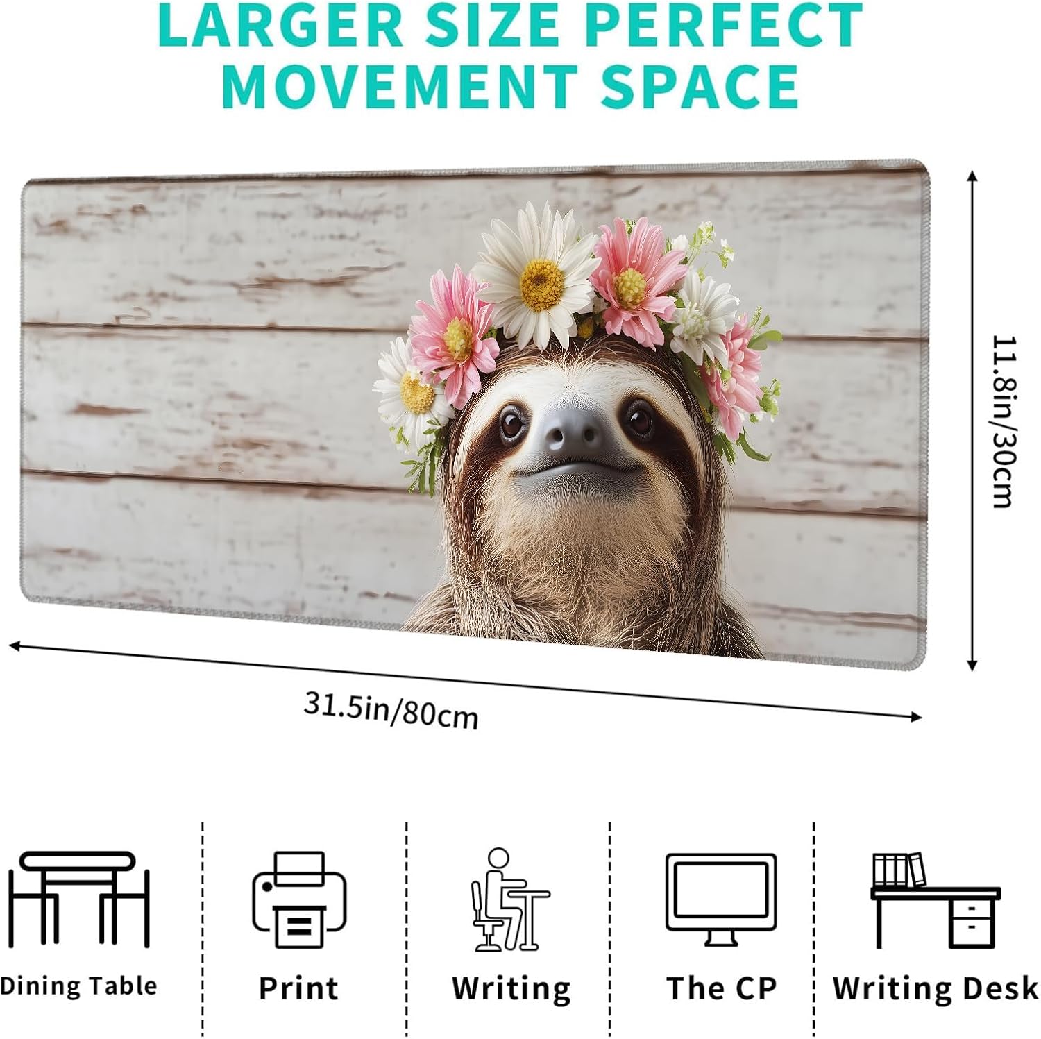 Floral Crown Sloth Gaming Mouse Pad – 12x31.5in Non-Slip Rubber Desk Mat with Cute Animal Design – Large Extended Mousepad for Office Home – Deskmat Gifts for Sloth Lovers and Cute Fans Decor