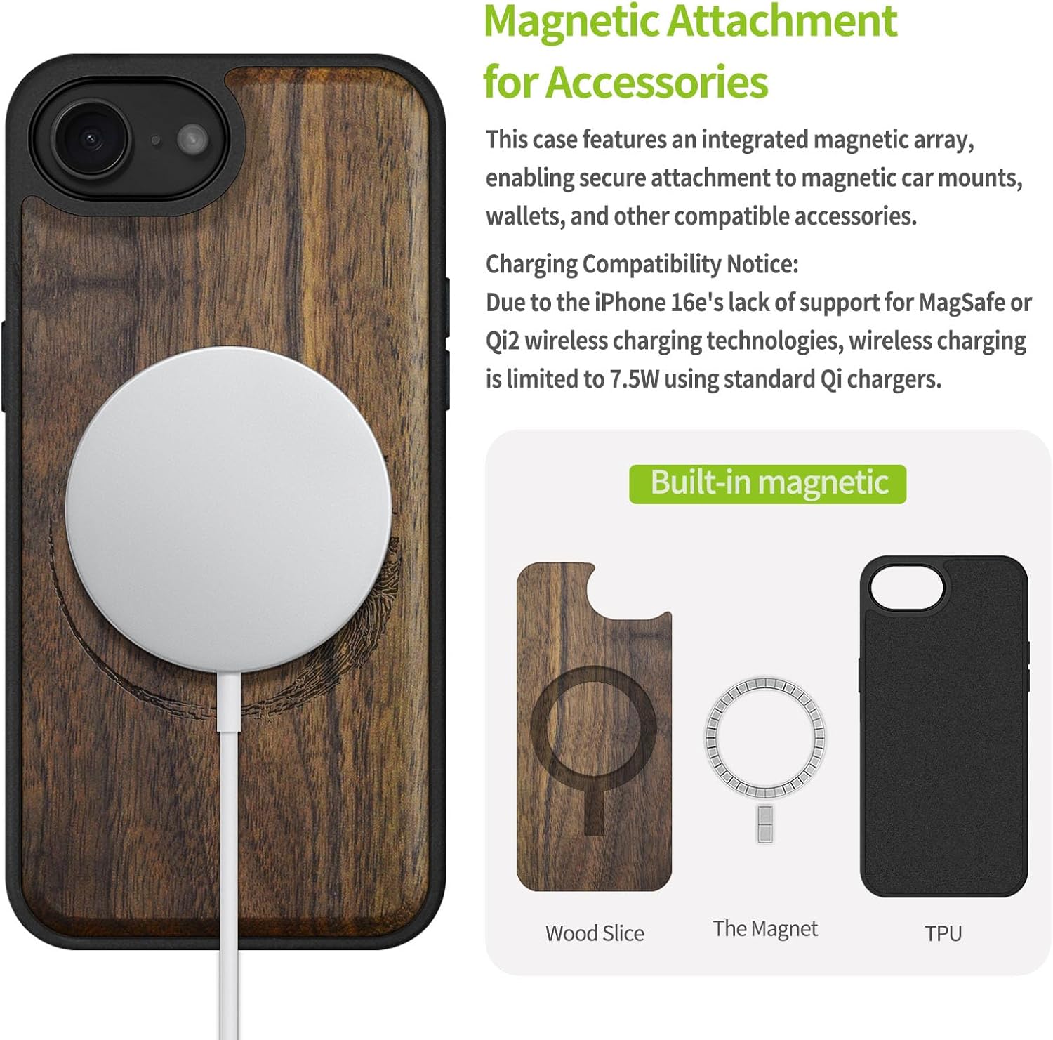 Carveit Magnetic Wooden Case for iPhone 16e / 17e, Solid Wood & Black TPU, Artisan Engraved Design, Shockproof Cover, Compatible with MagSafe Wireless Chargers, Yin Yang Bonsai Tree - Walnut
