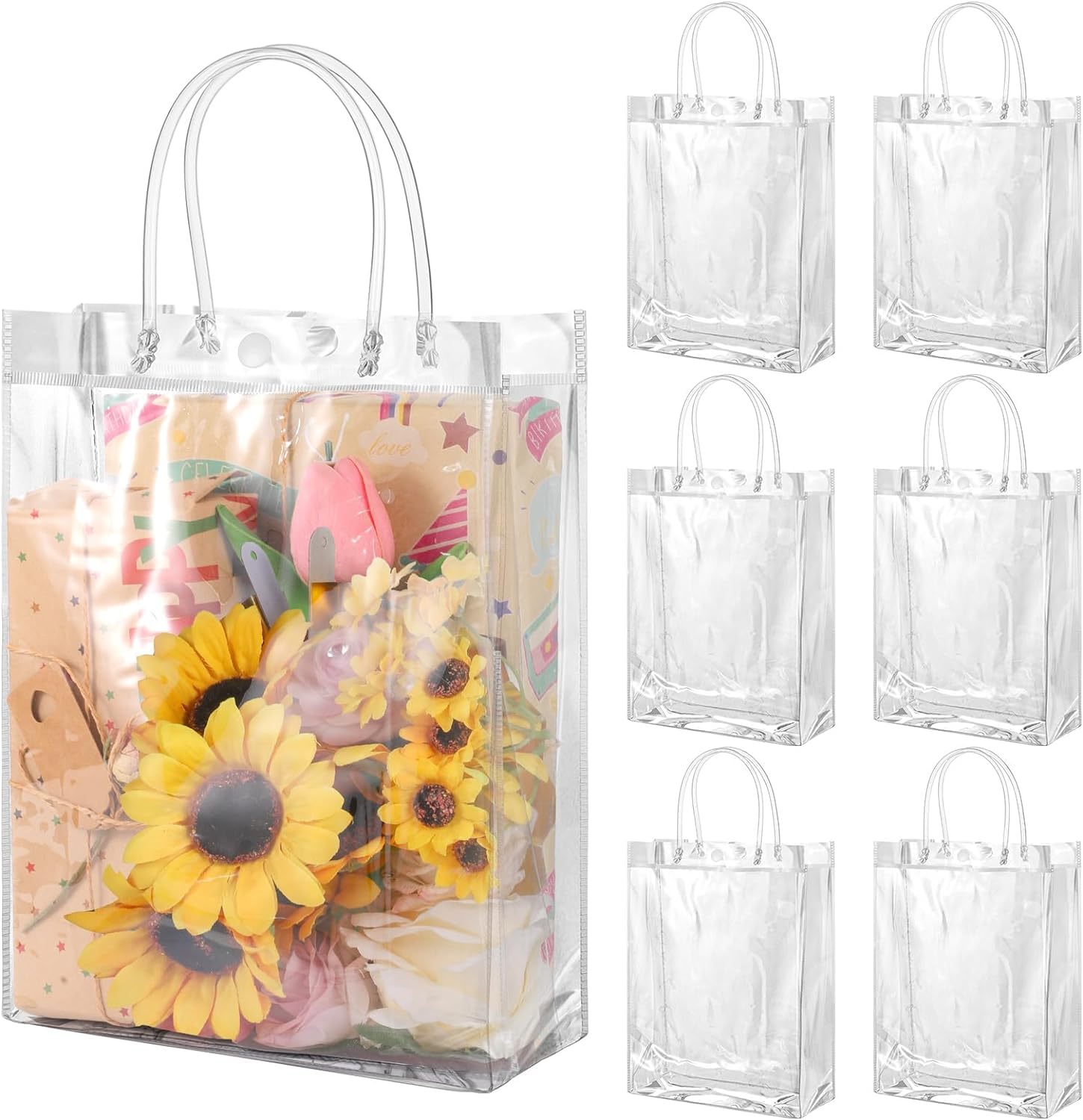20 Pack Clear Gift Bags with Handles, Reusable Plastic Bags, Favour Wrap Tote Bags, Clear Gift Bags, Wedding Party Favours, Shopper Retail Merchandise (9.8 inches x 7.9 inches x 2.8 inches)