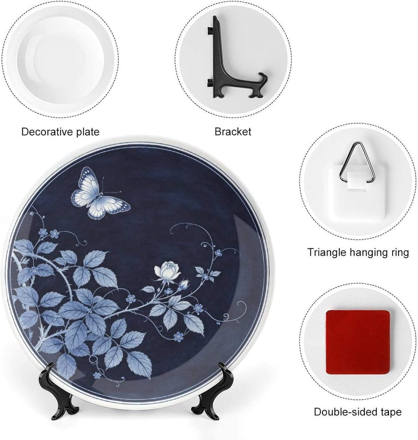 Blue White Porcelain Plate Home Art, Rose Vine And Butterfly Pattern for Study Decor Bone China Decorative Plate, 10inch Wall Art Home Decor
