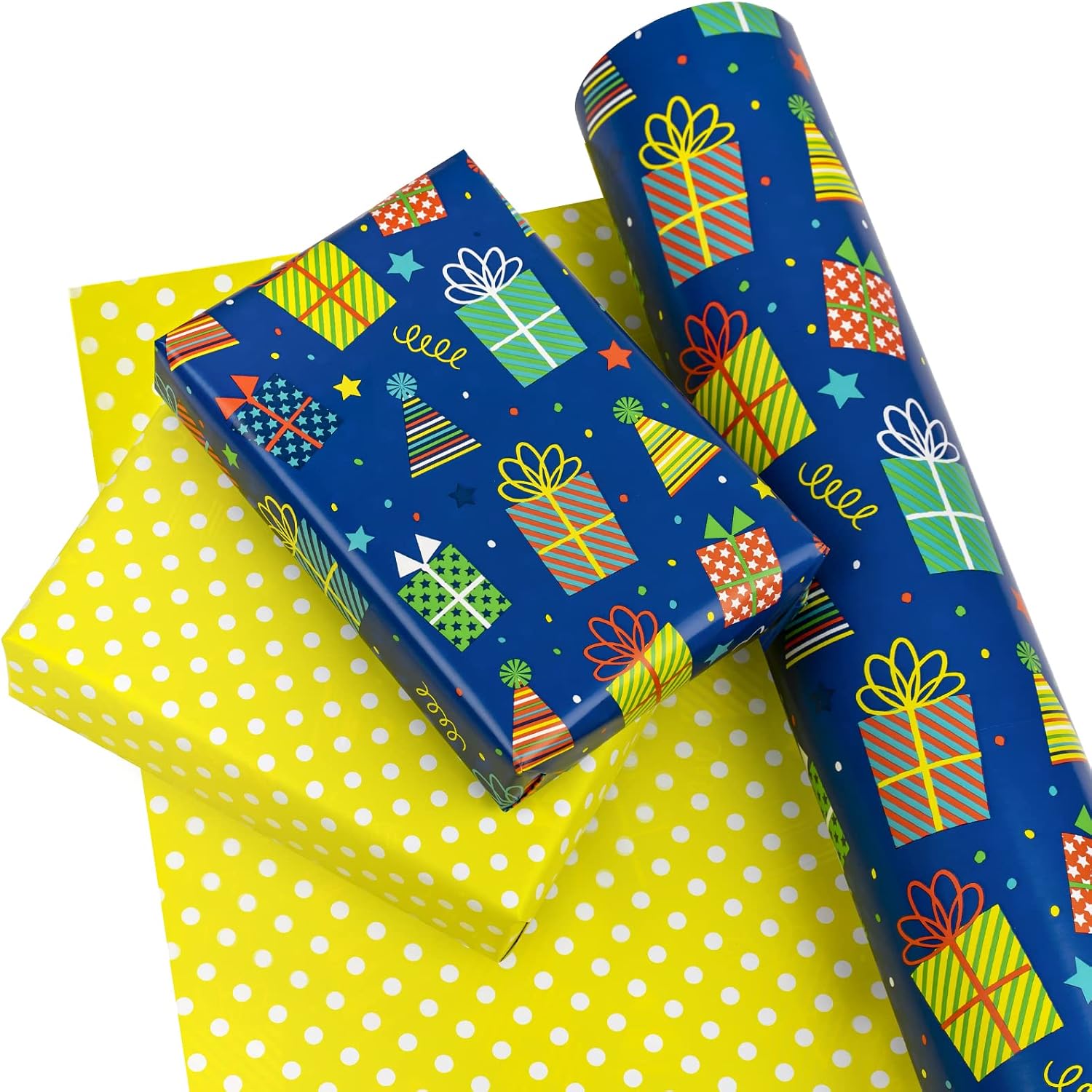 WRAPAHOLIC 30 Inch Reversible Birthday Wrapping Paper - 30 Inch x 33 Feet - Gift Boxes and Polka Dot Design for Birthday, Holiday, Party, Baby Shower image 2