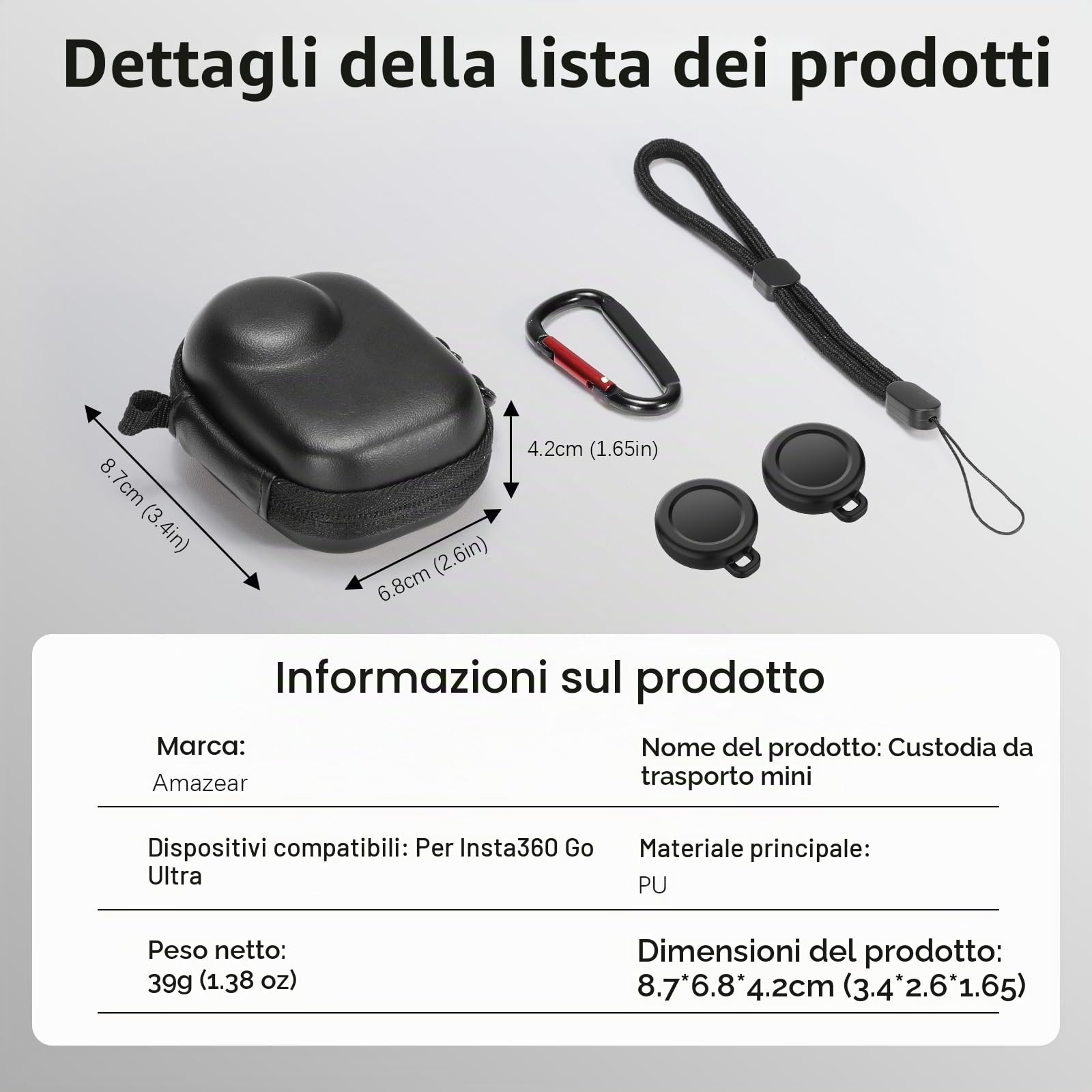 AMAZEAR Custodia da Trasporto per Accessori Insta360 GO Ultra - Borsa da Viaggio Compatta in Pelle Rigida con Interno Morbido, Protezione e Organizzazione,Nero