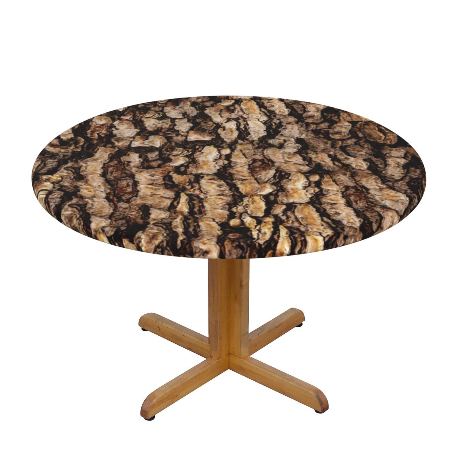 Lsjuee Round Fitted Tablecloth 45-50in Elastic Edged Table Cloth for Kitchen Dining Party Home Decor - Tree Bark