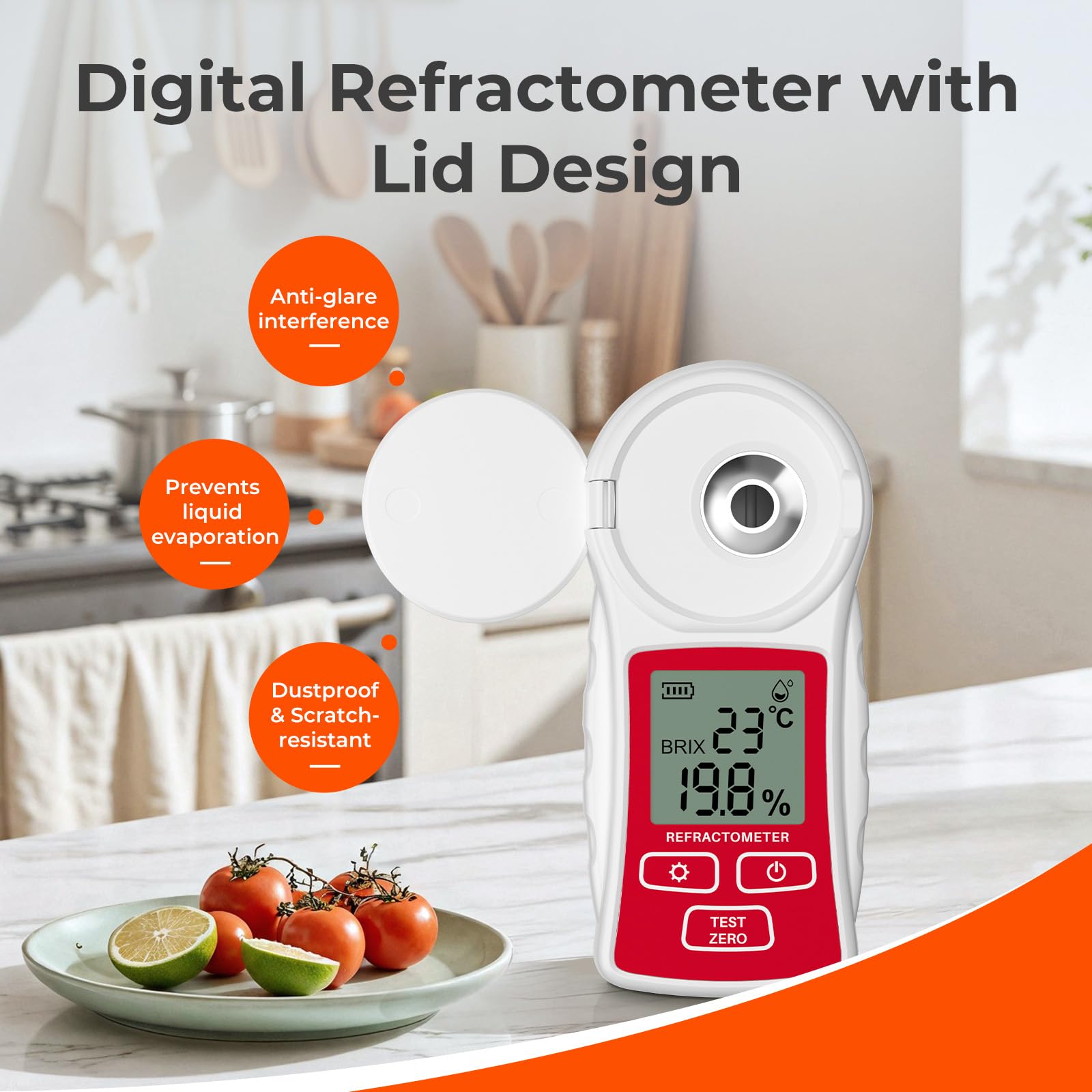 Refractómetro digital Brix con ATC, medidor Brix YOWEXA soporta calibración de interferencia antirreflejos de un solo toque, refractómetro de miel recargable para fruta/jugo/vino (0-55%, ±0.5%)