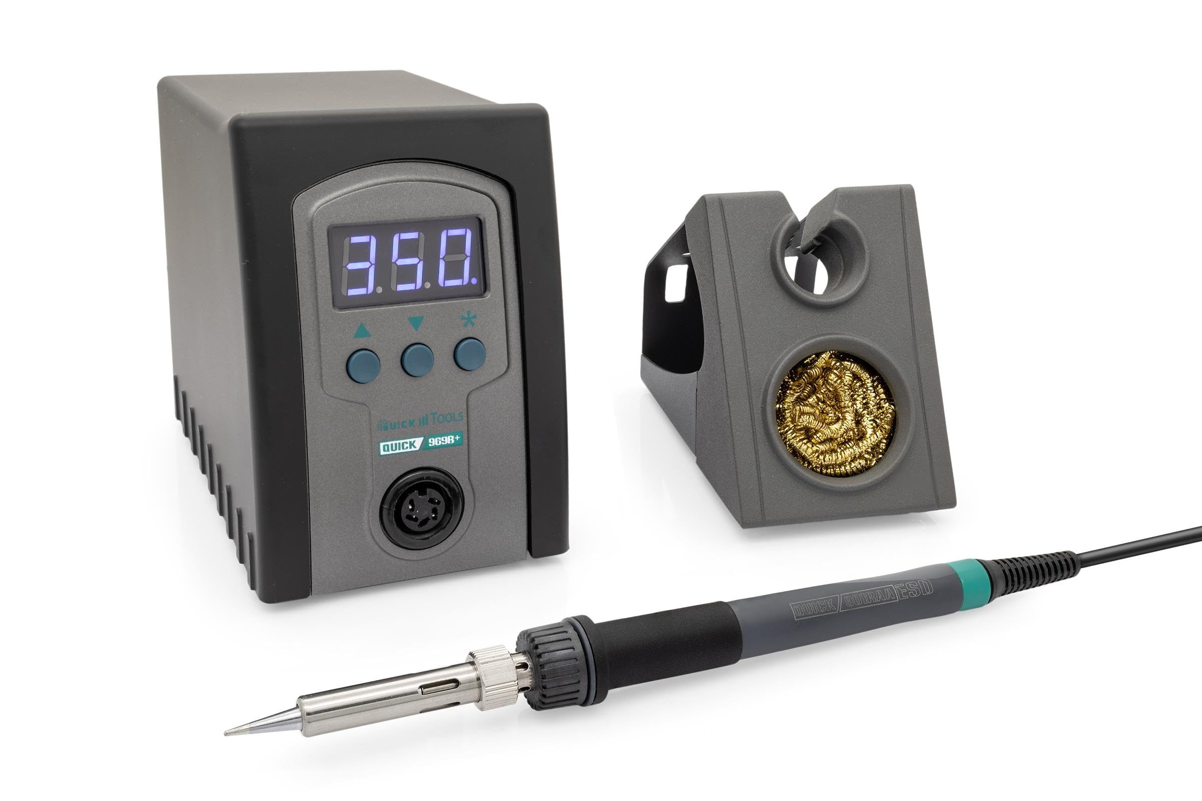 QUICK 969B+ - Estación de soldadura manual digital LED industrial (70 W, protección ESD, 100° – 480 °C, tiempo de calentamiento reducido (39 segundos a 350 °C), 3 memorias de temperatura fija