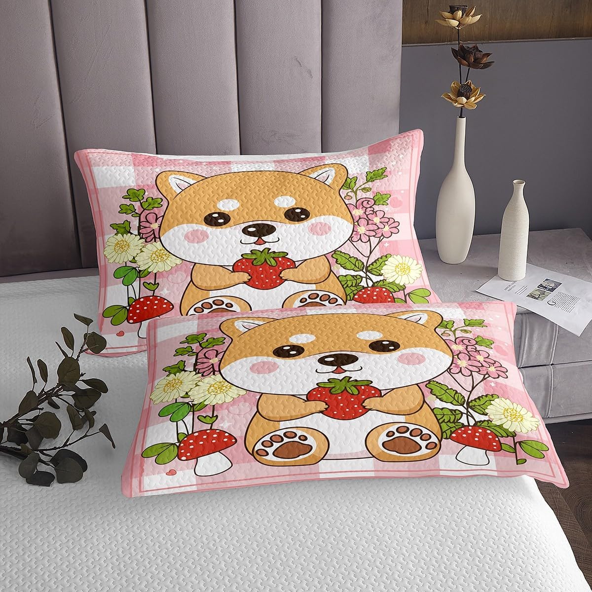 Homewish Corgi Bedding Set Twin Size,Flower Mushroom Strawberry Glitter Bedspread for Kids Boys Girls Room Decor,Cute Dog Cartoon Animal Quilt 2Pcs,Pink Patchwork Plaid Coverlet Set,1 Pillowcase