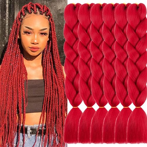 Paquete de 6 extensiones de cabello sintético para trenzar color rojo, de 24 pulgadas, color rojo ombré, trenzas trenzadas, trenzas trenzadas de