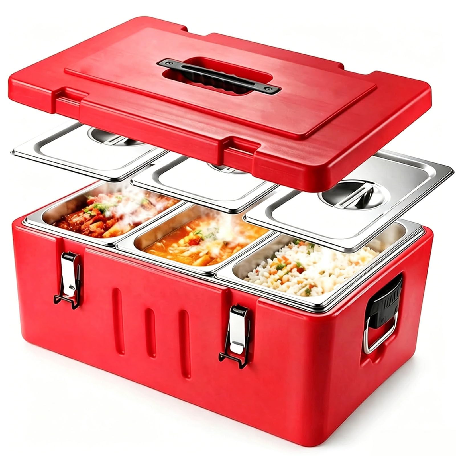 Contenitore Portatile per Il Trasporto di Alimenti, con Vaschette in Acciaio Inox, Grande capacità, Ideale per Catering, Consegne a Domicilio e Vendita Ambulante 3Gird
