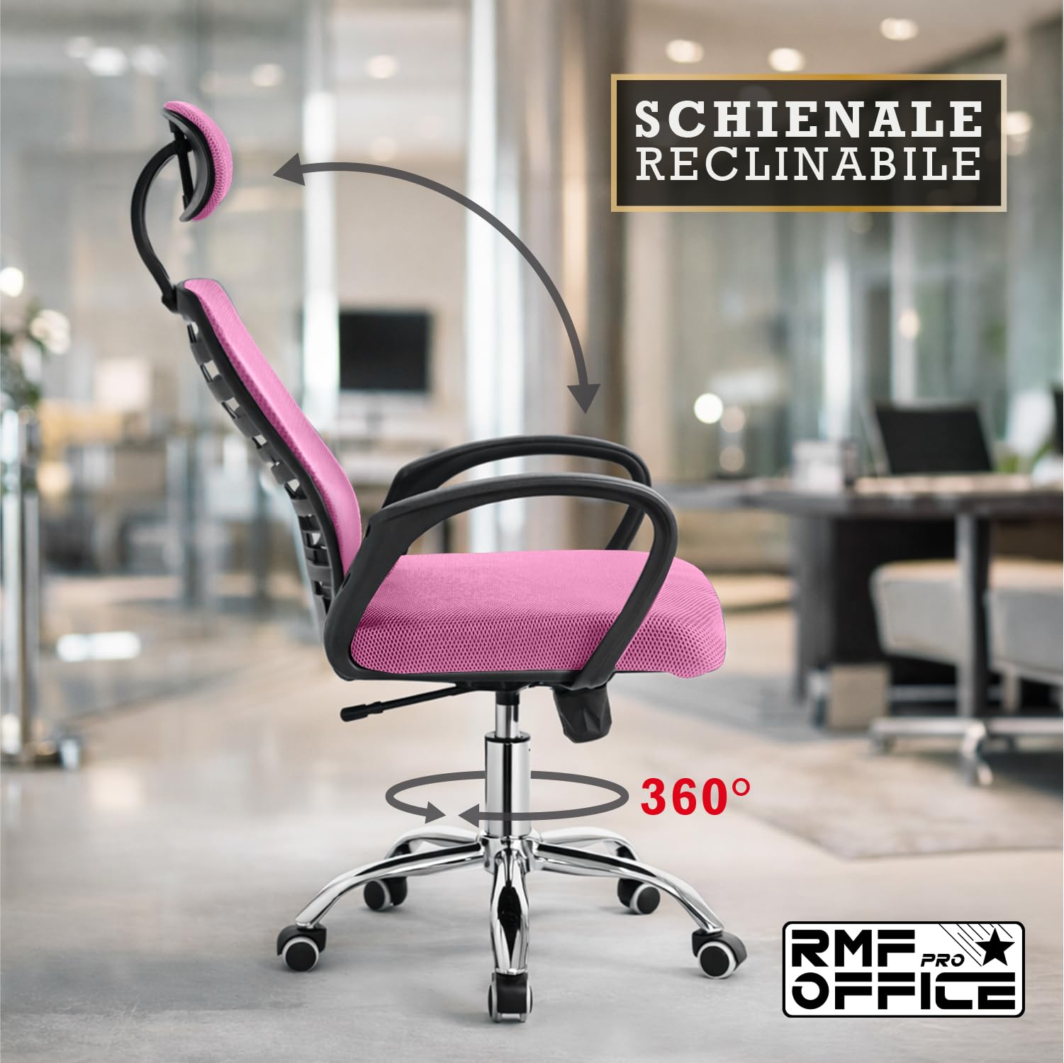 RMF Sedia Ufficio Ergonomica Professionale Reclinabile, Sedia Scrivania in Rete con PoggiaTesta Seduta Comoda e Rilassante - Poltrona Relax Ufficio con Ruote Girevoli Altezza Regolabile Rosa